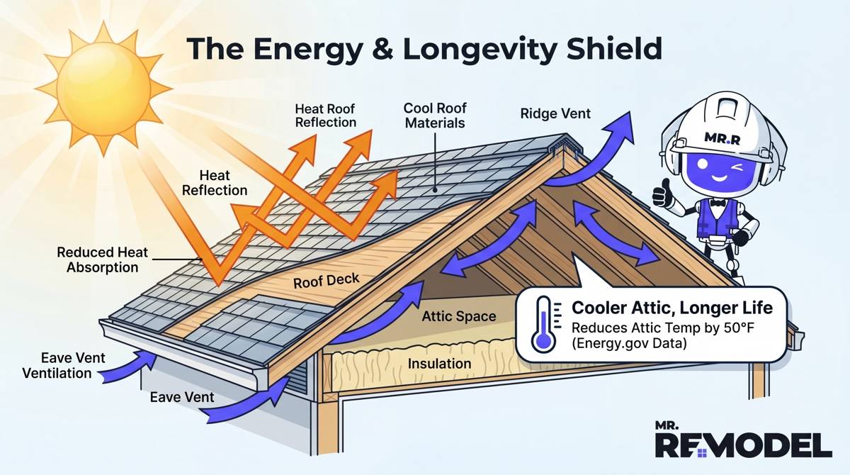 A technical infographic illustrating how modern roofing materials and proper ventilation prevent shingles from overheating and reduce home cooling costs.